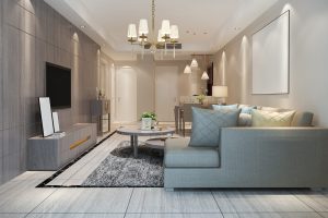 3d rendering loft luxury living room with shelf near dining table